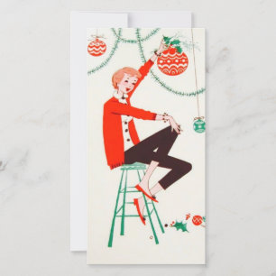 Cartão De Festividades Natal vintage Garota Fazendo Ornamentos Feriado C