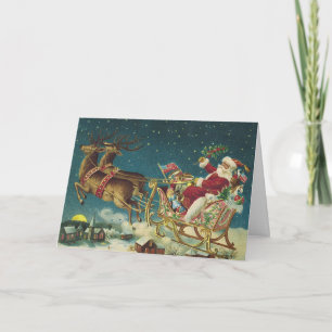 Cartão De Festividades Natal Vintage Patriótico Papai Noel e Trenó