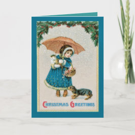 Cartão De Festividades Natal vintage Rapariga e Pets Card