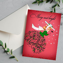 Cartão De Festividades Natal vintage verde-brilhante menina do cachecol