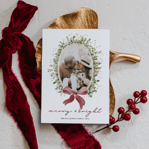 Cartão De Festividades Natal Vintage Vermelho Preppy com Laço para Foto d