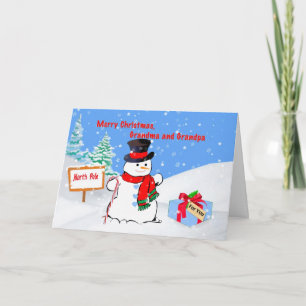 Cartão De Festividades Natal, vovó e vovô, boneco de neve, presente