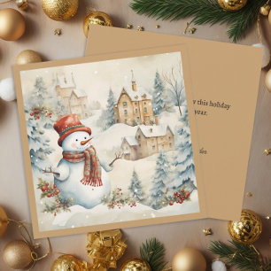 Cartão De Festividades Natalino Vilarejo de Neve Homem de Neve Vintage