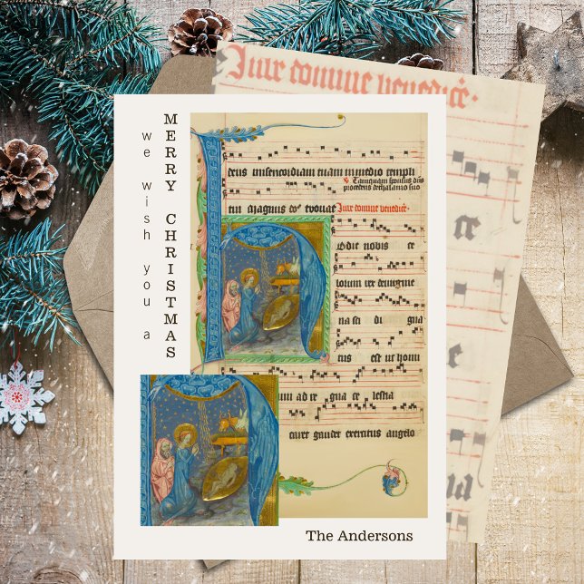 Cartão De Festividades Natividade de Natal Religioso em Folhas Medievais (Vintage Medieval Sheet Music Religious Christian Catholic Merry Christmas Nativity Holiday Card)
