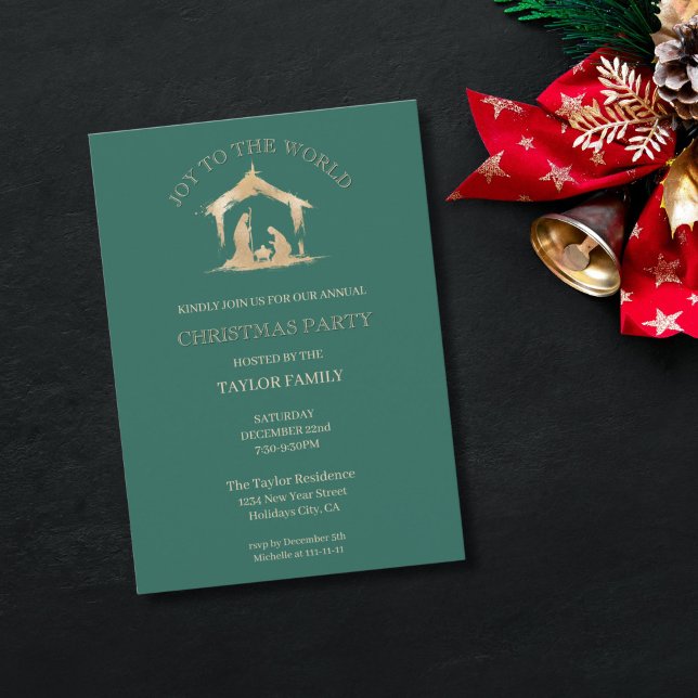 Cartão De Festividades Natividade Religiosa do Partido Jante do Natal Mod (religious christmas family party invitation with green background and gold nativity scene)