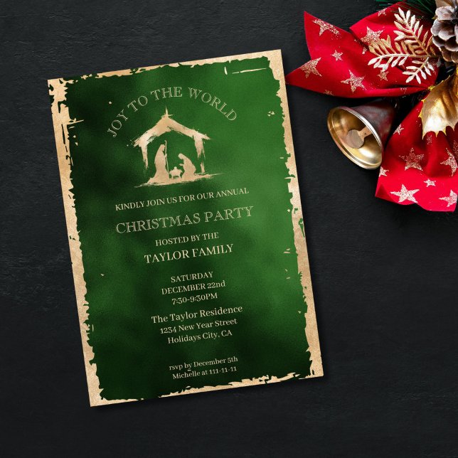 Cartão De Festividades Natividade Religiosa do Partido Jante do Natal Mod (gold nativity mery and joseph scene, green background
)