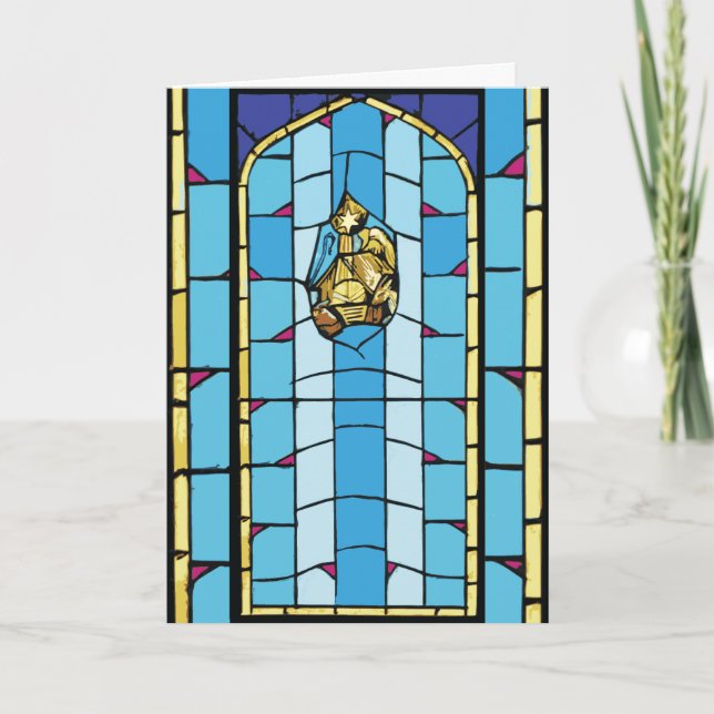 Cartão De Festividades Nativity Blue Stained Glass Christmas (Frente)