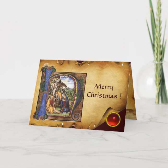 Cartão De Festividades NATIVITY MONOGRAM CHRISTMAS PARCHMENT Red Ruby Gem (Frente)