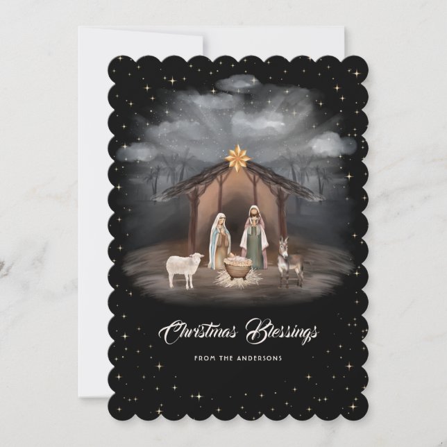 Cartão De Festividades Nativity Scene Black Christmas Blessings Christian (Frente)