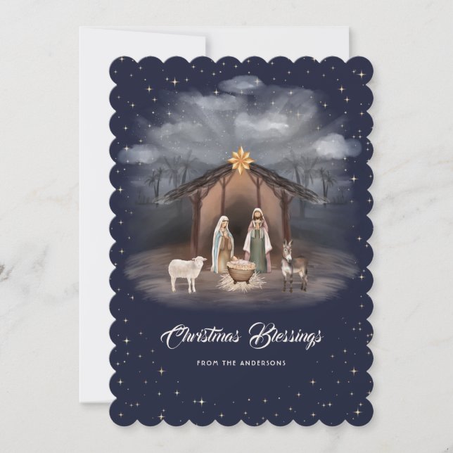 Cartão De Festividades Nativity Scene Blue Christmas Blessings Christian (Frente)