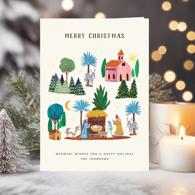 Cartão De Festividades Nativity Scene Ecru Hand drawn Merry Christmas (Nativity Scene Ecru Hand drawn Merry Christmas Holiday Card)