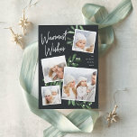 Cartão De Festividades Naturally Joyful | Christmas Photo Collage<br><div class="desc">Our beautiful rustic chic holiday photo card features four of your favorite square family photos in a collage layout. "Warmest Wishes" appears at the top in hand lettered script typography on a soft off-black background accented with lush dark green watercolor botanical foliage for a beautiful nature-inspired look. Customize with your...</div>