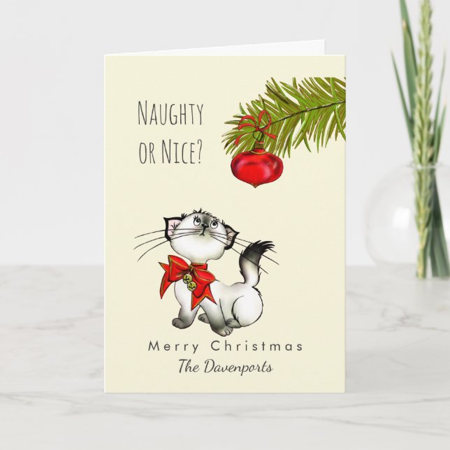 Cartão De Festividades Naughty or Nice Playful Kitty Cat Christmas (Frente)