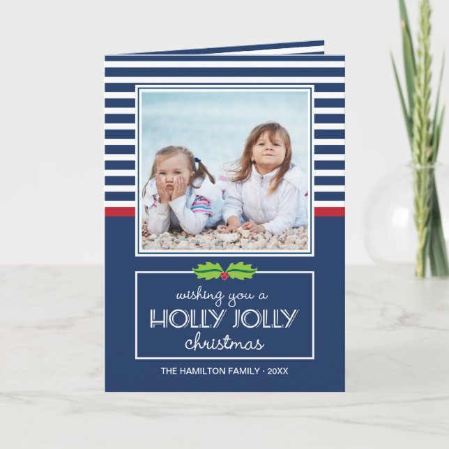 Cartão De Festividades Nautical Stripes Holly Jolly Christmas Folded Card (Frente)