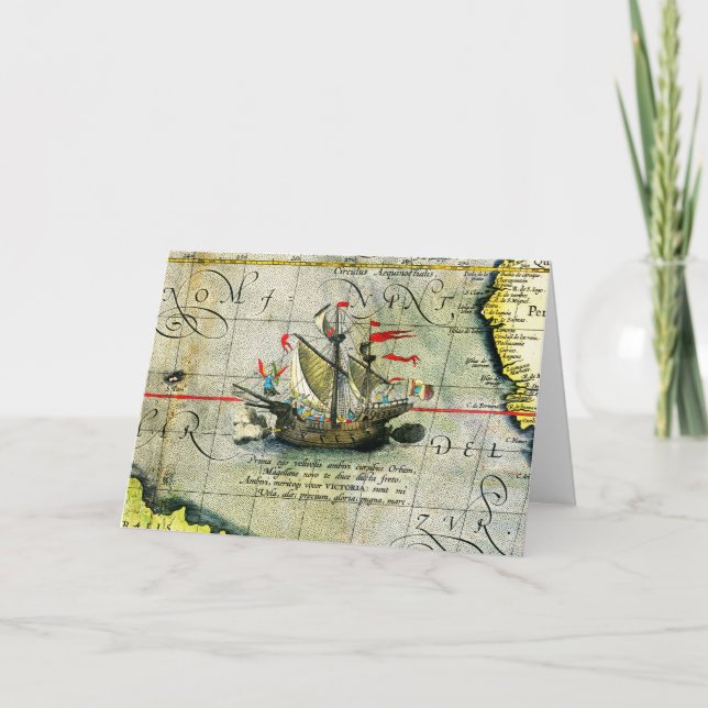 Cartão De Festividades Navio de Magalhães Victoria, Mapa Antiquado do Oce (Frente)