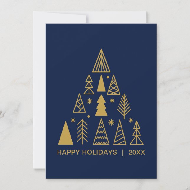 Cartão De Festividades Navy Blue and Gold Christmas Tree | Holiday Card  (Frente)