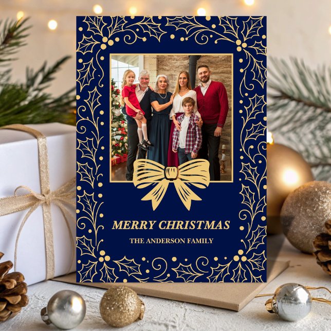 Cartão De Festividades Navy Blue Antique Gold Bow Family Christmas Photo (Criador carregado)