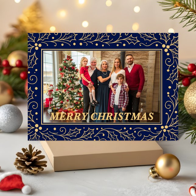 Cartão De Festividades Navy Blue & Antique-Gold Family Christmas Photo (Criador carregado)