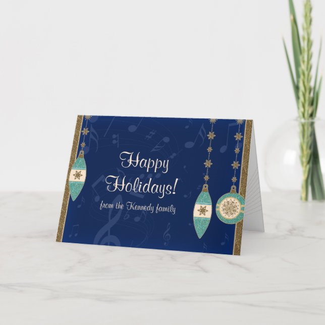 Cartão De Festividades Navy Blue Christmas Ornaments Holiday Card (Frente)