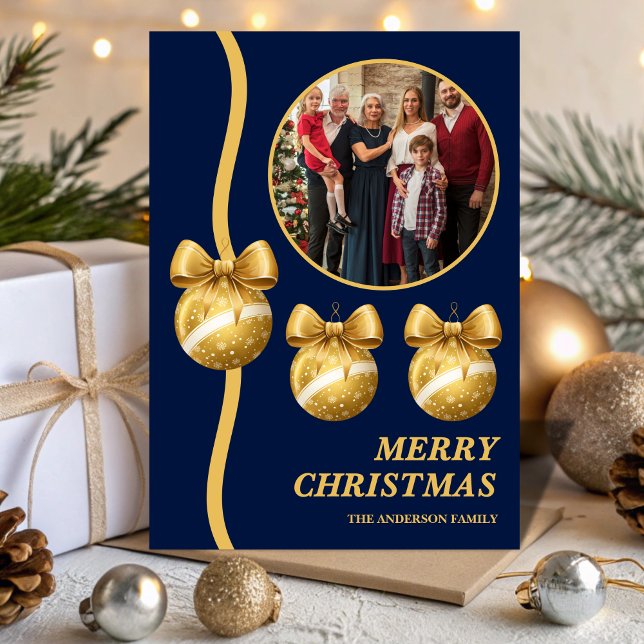 Cartão De Festividades Navy Blue & Gold Ornaments Family Christmas Photo (Criador carregado)