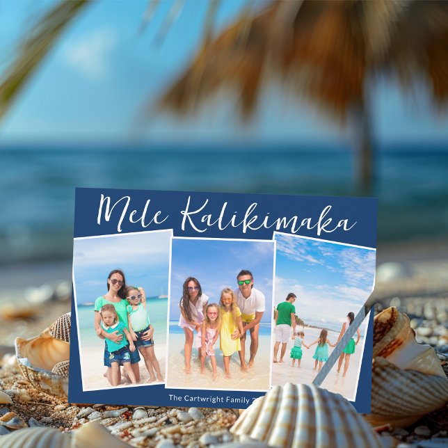Cartão De Festividades Navy Blue Mele Kalikimaka 3 Beach Photo Christmas (Criador carregado)