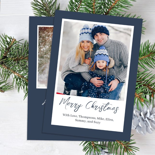 Cartão De Festividades Navy Blue Merry Christmas Simple Photo (Merry Christmas Photo Calligraphy Script Card.)