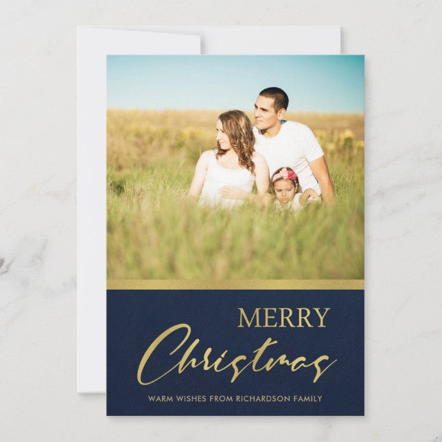 CARTÃO DE FESTIVIDADES NAVY FAUX GOLD MINIMAL MERRY CHRISTMAS PHOTO (Frente)