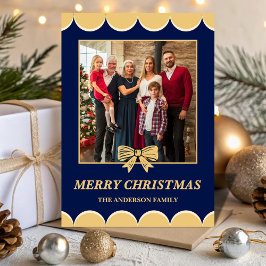 Cartão De Festividades Navy & Gold Bow Scalloped Family Christmas Photo
