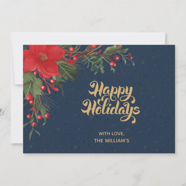 Cartão De Festividades Navy Gold Poinsettia Happy Holidays Card (Frente)