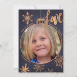 Cartão De Festividades Navy Rose Gold Metallic Snowflakes Christmas Photo<br><div class="desc">Modern glam family winter holiday greeting card featuring shiny metallic gold copper hand painted snowflakes, "love" trendy brushed script and a big tree decoration with your photo inside over a dark midnight blue chalkboard like background. A fancy snow pattern on light grey on the reverse. Personalize it with your photo...</div>
