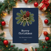 Navy Rustic Pinecone & Evergreen Feliz Natal