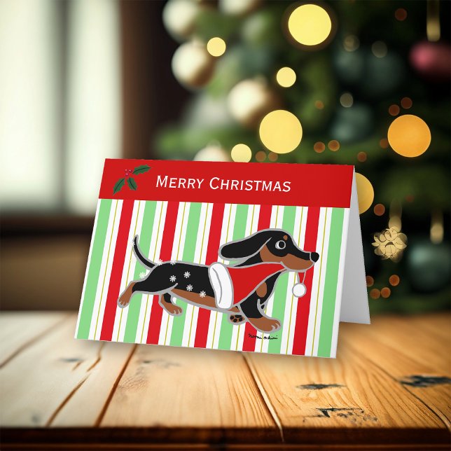 Cartão De Festividades Negra e Tan Dachshund no Natal (Black and Tan Dachshund Running Design Christmas Cards for Dachshund Owners.  Cute Cartoon Design.)