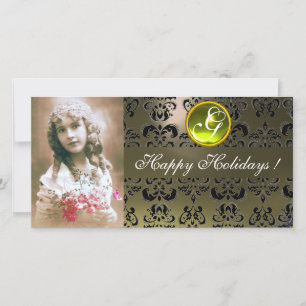 Cartão De Festividades NEGRO E CINZA DAMASK Yellow Topaz Monograma