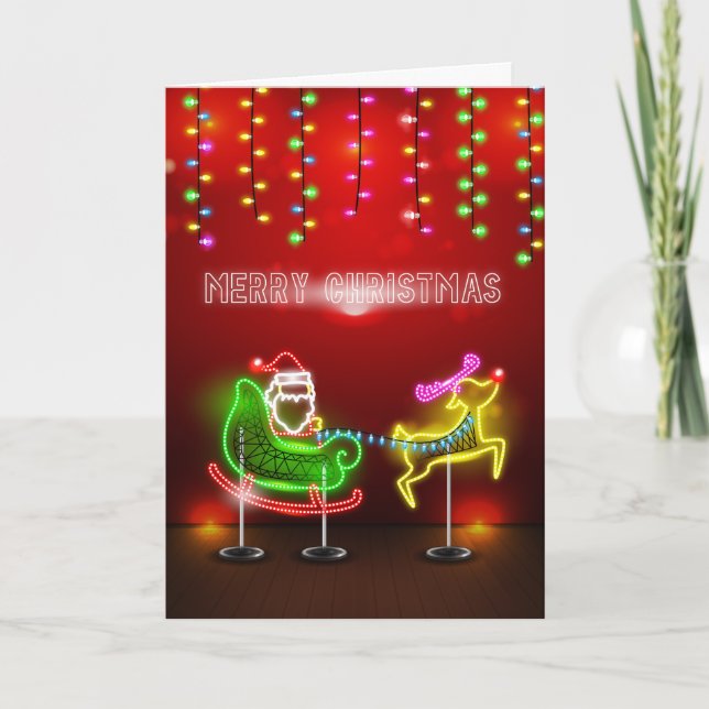 Cartão De Festividades Neon Lights Santa and Rudolph Christmas (Frente)