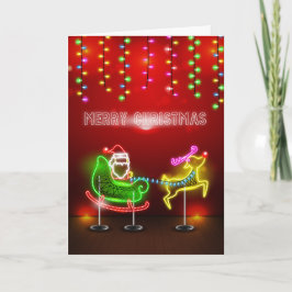 Cartão De Festividades Neon Lights Santa and Rudolph Christmas