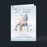 Cartão De Festividades Neto Boneca de Neve Natal Azul<br><div class="desc">Cartão de Natal com pequena boneca de neve azul,  galho de pinheiro prateado e enfeite.</div>