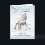 Cartão De Festividades Neto Boneco de Neve de Natal Azul<br><div class="desc">Cartão de Natal com pequeno boneco de neve azul,  galho de pinheiro prateado e enfeite.</div>