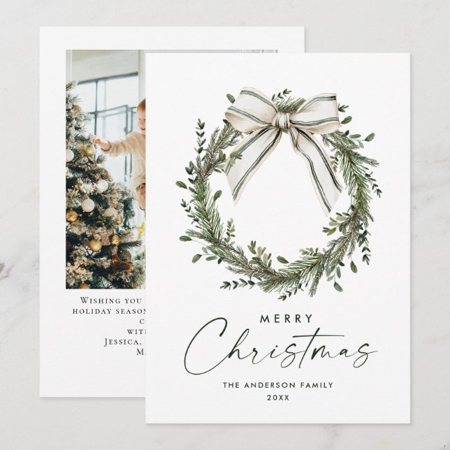 Cartão De Festividades Neutral Minimalist Boho Christmas Wreath Photo (Frente/Verso)