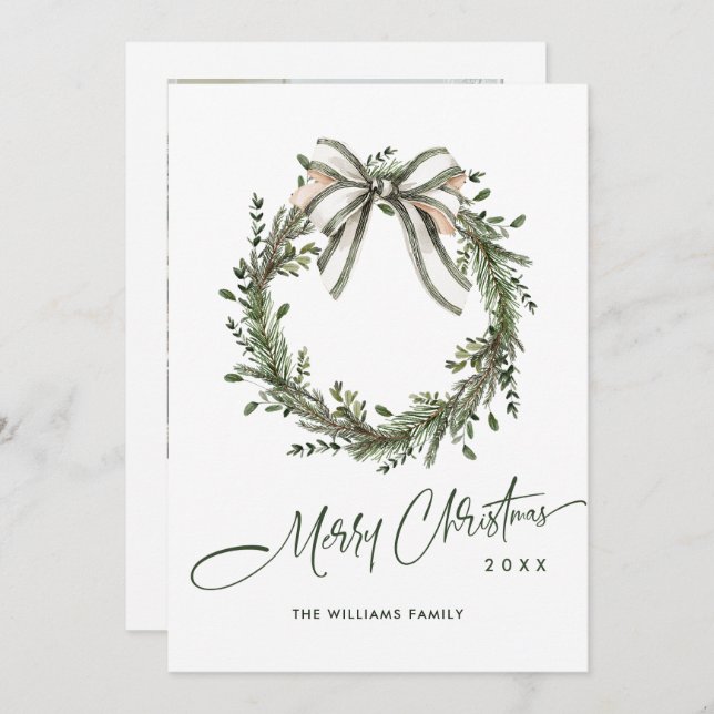 Cartão De Festividades Neutral Minimalist Boho Christmas Wreath Photo (Frente/Verso)
