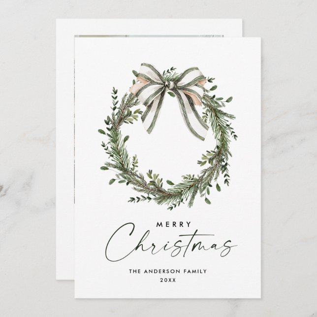 Cartão De Festividades Neutral Minimalist Boho Christmas Wreath Photo (Frente/Verso)