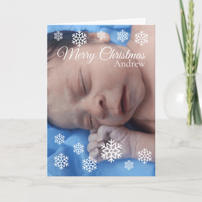 Cartão De Festividades Neve Branca Floco de Natal Elegante Bebê Cursivo (Frente)