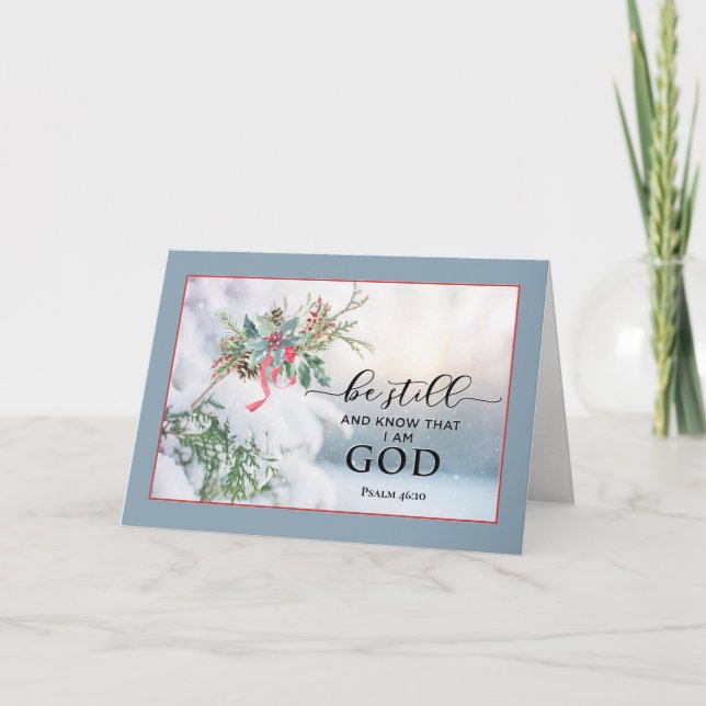 Cartão De Festividades Neve coberta de Salmo de Natal Evergreen 46:10 Bíb (Frente)