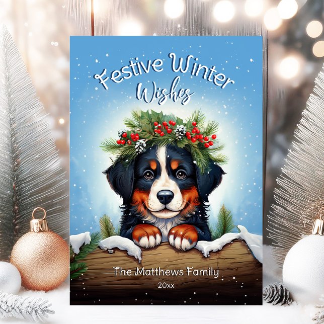 Cartão De Festividades Neve Festivo Inverno Deseja Bernese Mountain Dog (Adorable Winter Snowy Scene With Peeking Dogs or Farm/Woodland Animals - Over 50 to Choose From!)