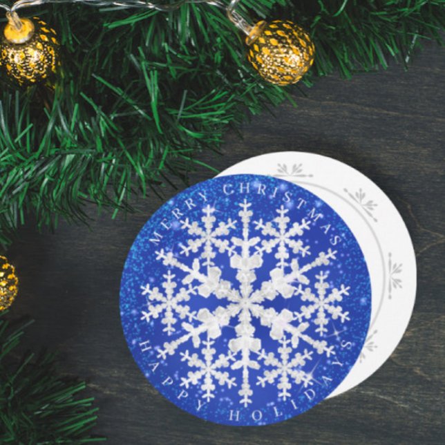 Cartão De Festividades Neve Flakes Azul Branco (Attractive snow flakes design round Christmas card. )