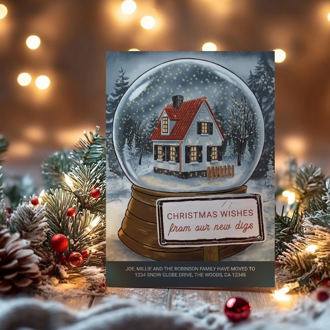 Cartão De Festividades Neve Globo de Natal Deseja de Novos Dígitos (Snow Globe christmas wishes from new digs - holiday moving announcement cards by Darling & May)