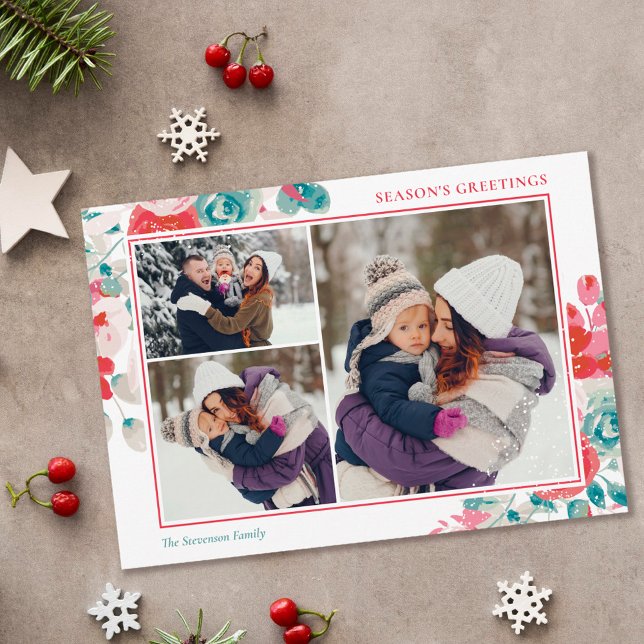 Cartão De Festividades Neve Natal verde vermelho floral 3 fotos (Criador carregado)