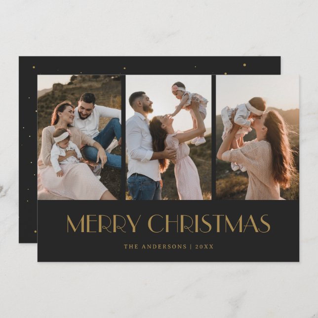 Cartão De Festividades Neve Negra e Dourada 3 Foto Feliz Natal (Frente/Verso)