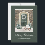 Cartão De Festividades Neve Porta de Natal Verde escuro<br><div class="desc">Apresentamos nosso maravilhoso cartão verde de Natal, projetado para trazer calor e alegria aos seus entes queridos nesta época festiva. Apresentando uma bela ilustração aquática de uma porta da frente de uma casa de tijolos adornada com decorações de Natal encantadoras, esta carta certamente capturará a magia da época de férias....</div>