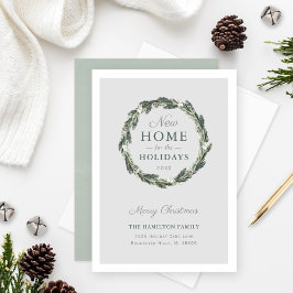Cartão De Festividades New Home Elegant Neutral Gray Green Pine Wreath