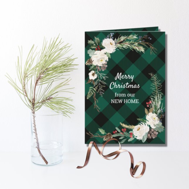 Cartão De Festividades New Home Green Buffalo Plaid White Christmas Roses (Criador carregado)
